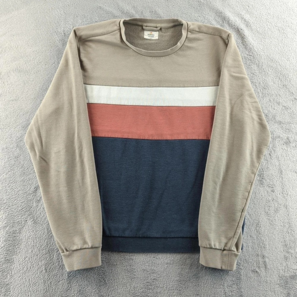 Marine Layer Sweater Mens Large Tan White Rust Blue Colorblock Pullover‎ Casual